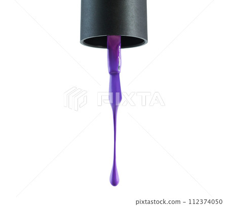 Nail polish, purple and drop drip in studio for manicure or pedicure, art or design and liquid application for beauty. Closeup, cosmetic product and brush for color or coating on white background. 112374050