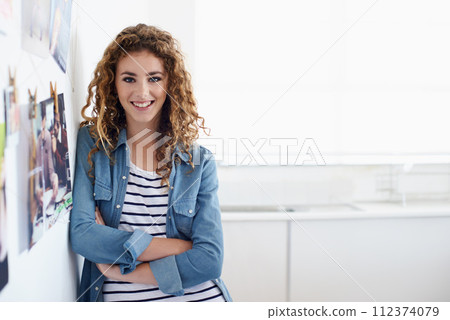 Smile, crossed arms and portrait of woman designer in office planning project with vision board. Happy, career and confident young female person working on creative startup business in workplace. 112374079