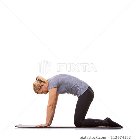 Woman, yoga or cat pose for fitness, workout or stretching body in studio on mockup white background. Profile, healthy lady or bend back for strong core, spine extension or flexible exercise on floor Woman, yoga or cat pose for fitness, workout or stretching body in studio on mockup white background. Profile, healthy lady or bend back for strong core, spine extension or flexible exercise on floor 112374192