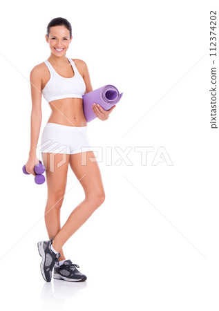 Body, portrait and woman and yoga mat for exercise, health and wellness with smile in studio. Pilates, fitness and happy girl in sportswear for weight loss, confidence and mockup on white background. 112374202