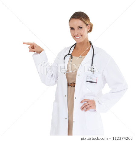 Happy woman, portrait or doctor pointing at mockup space isolated on white background in studio. Marketing, advertising or confident nurse showing medical healthcare information, wellness or advice 112374203