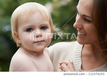 Outdoor, mom and portrait with baby, love and support in garden or backyard. Infant, bonding and relax with mother in nature together and holding kid with care in hug or embrace in environment 112374243