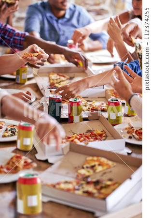 Group, friends and party with pizza, beverage and diversity for joy or fun with youth. People, soda and fast food with drink, social gathering and snack for lunch or eating at italian pizzeria 112374255