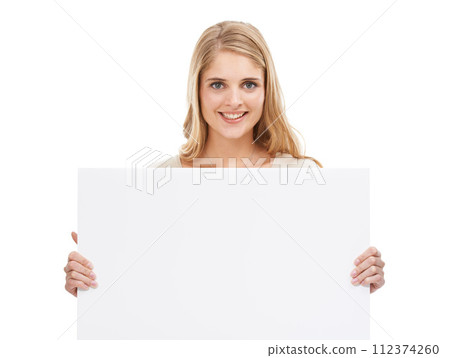 Portrait, woman and smile with blank poster, promotion and opportunity isolated on a white studio background. Face, person and model with mockup space, announcement and billboard with information 112374260