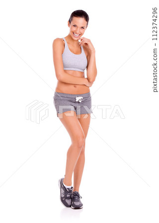 Fitness, athlete and portrait of woman in studio for weight loss, health or wellness diet for energy. Happy, sports and slim female person for body exercise, workout or training by white background. Fitness, athlete and portrait of woman in studio for weight loss, health or wellness diet for energy. Happy, sports and slim female person for body exercise, workout or training by white background. 112374296