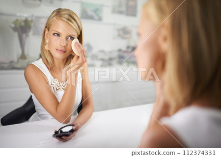 Woman, beauty and makeup by mirror, sponge and stylish outfit in dressing room for shoot. Female person, blush and eyeshadow for cosmetic campaign, reflection and fashion to prepare for interview Woman, beauty and makeup by mirror, sponge and stylish outfit in dressing room for shoot. Female person, blush and eyeshadow for cosmetic campaign, reflection and fashion to prepare for interview 112374331