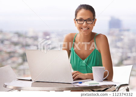 Outdoor, city and portrait of woman with laptop for remote work, business and research for trading stocks. Happy, entrepreneur and investor with coffee at home on computer reading news for strategy 112374332