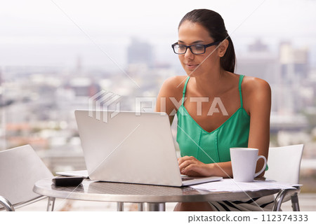 Outdoor, balcony and woman with remote work on laptop for business in trading and budget for finance. City, entrepreneur and investor with coffee at home on computer reading news, research or stocks Outdoor, balcony and woman with remote work on laptop for business in trading and budget for finance. City, entrepreneur and investor with coffee at home on computer reading news, research or stocks 112374333