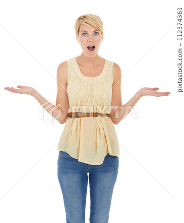 Happy woman, surprise and hands out for choice, decision or selection on a white studio background. Portrait of female person, model or blonde in shock with palms for picking, question or choose 112374361