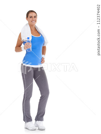 Water bottle, fitness and portrait of woman in studio with mockup space for exercise or workout. Happy, sport and young female person with hydration beverage for training isolated by white background 112374402