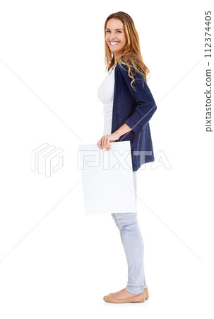 Studio, blank paper and portrait of happy woman in shock for deal, promo or news mockup. Signage, offer and girl with smile for announcement, opportunity or info on cardboard with white background. Studio, blank paper and portrait of happy woman in shock for deal, promo or news mockup. Signage, offer and girl with smile for announcement, opportunity or info on cardboard with white background. 112374405