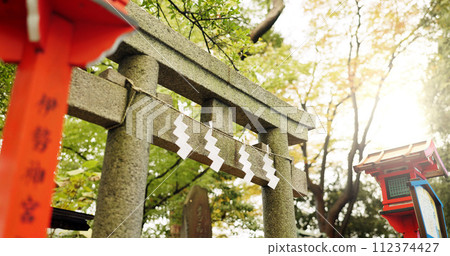 Torii gate, shide and temple in forest in Japan with zen, spiritual history and monument in garden. Nature, trees and Japanese architecture woods with Asian culture, sunshine and stone shrine in park 112374427