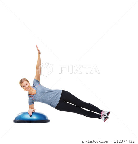 Woman, portrait and lying on bosu ball for exercise, workout or training on a white studio background. Active female person on half round object for pilates, practice or strong core on mockup space Woman, portrait and lying on bosu ball for exercise, workout or training on a white studio background. Active female person on half round object for pilates, practice or strong core on mockup space 112374432
