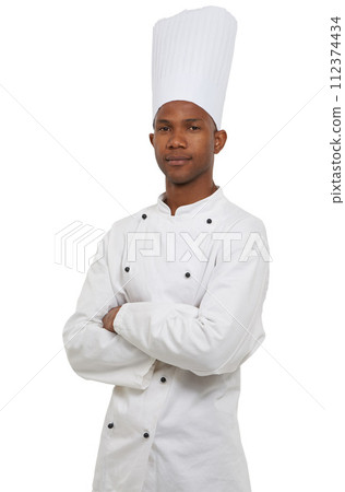 Portrait, black chef and arms crossed in studio in hospitality career, cooking job and small business entrepreneur. African man, confident and food industry and uniform with hat by white background 112374434
