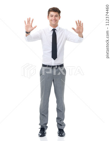 Portrait, business and man with opportunity, hands up and consultant isolated on a white studio background. Face, person and employee with hand gesture and smile with professional, review and welcome 112374460