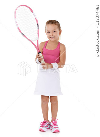 Tennis, sports and portrait of child on a white background for training, workout and exercise. Fitness, happy and isolated young girl with racket for hobby, activity and fun for wellness in studio Tennis, sports and portrait of child on a white background for training, workout and exercise. Fitness, happy and isolated young girl with racket for hobby, activity and fun for wellness in studio 112374463