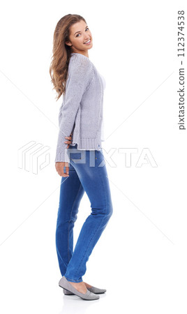 Woman, confidence and positive attitude in studio portrait, smile and pride for casual outfit on white background. Female person, makeup and beauty for wellness, satisfaction and happy for fashion Woman, confidence and positive attitude in studio portrait, smile and pride for casual outfit on white background. Female person, makeup and beauty for wellness, satisfaction and happy for fashion 112374538