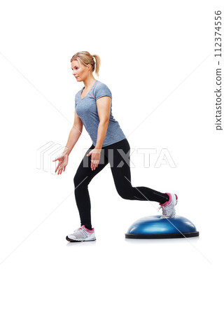 Exercise, half ball and woman doing lunge for wellness, studio workout or legs strength performance. Gym commitment, balance dome platform and person in stability training routine on white background 112374556