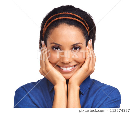 Studio portrait, face and woman excited for skincare results, cosmetics or wellness news announcement. Positive mindset, happy attitude and headshot of lady reaction on white background 112374557