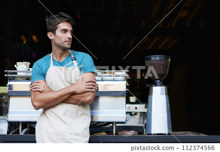 Relax, waiter and man in coffee shop with machine, grinder and small business owner in hospitality. Service, cafe and barista in restaurant with arms crossed, waiting and entrepreneur in store. 112374566