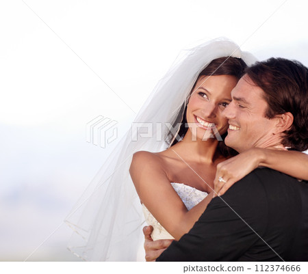 Love, hug and bride with groom at wedding for commitment and trust, celebration outdoor and mockup space. Marriage, loyalty and people at ceremony for marriage, happy at event and couple at reception Love, hug and bride with groom at wedding for commitment and trust, celebration outdoor and mockup space. Marriage, loyalty and people at ceremony for marriage, happy at event and couple at reception 112374666