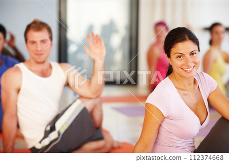 Portrait, stretching and woman in yoga class for fitness, body exercise and happy mindfulness. Club, pilates and group of people in holistic health retreat for wellness, balance and smile on face. Portrait, stretching and woman in yoga class for fitness, body exercise and happy mindfulness. Club, pilates and group of people in holistic health retreat for wellness, balance and smile on face. 112374668