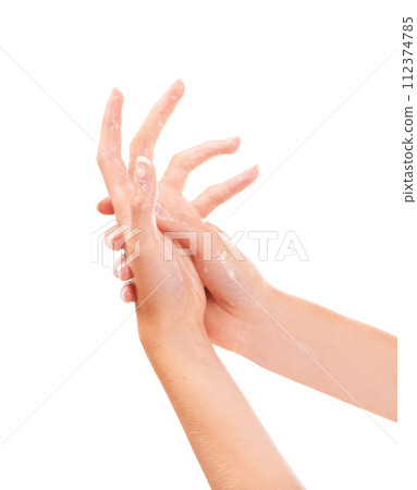Health, foam and closeup of washing hands in studio for hygiene, wellness or self care. Grooming, soap and zoom of person or model clean skin to prevent germs, bacteria or dirt by white background. 112374785