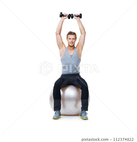 Dumbbells, ball or man in portrait on a white background mockup for workout performance or wellness. Strong male athlete, training equipment or fitness weights for exercise space, studio or balance Dumbbells, ball or man in portrait on a white background mockup for workout performance or wellness. Strong male athlete, training equipment or fitness weights for exercise space, studio or balance 112374822