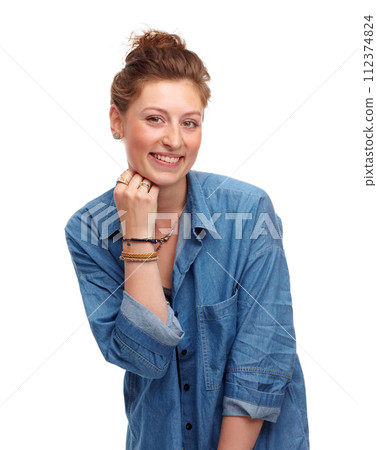 Model, fashion and accessories with denim, jacket and smile with jewellery and portrait. Woman, happiness and face for joy, confidence and positivity with style isolated on white background in studio 112374824