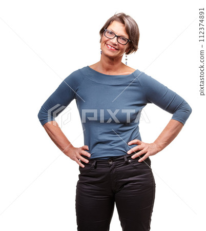 Mature woman, fashion and studio with smile for confidence in clothes, style and trends on white background. Glasses, female person and satisfied with color in happiness, isolated with casual look Mature woman, fashion and studio with smile for confidence in clothes, style and trends on white background. Glasses, female person and satisfied with color in happiness, isolated with casual look 112374891