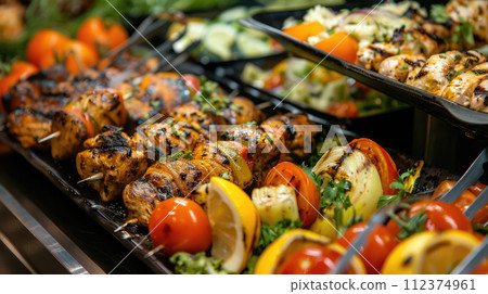 AI-generated content. Take away or canteen self service food in trays, including grilled chicken, salad, rice, greens, dark background. 112374961