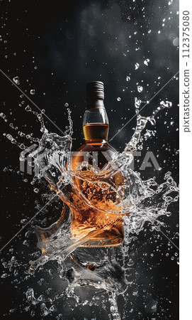 Whisky Bottle Mockup on Dark Background with Liquid Splashes 112375080