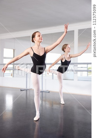 Girl, students and ballet, balance and fitness with learning at dance academy, training for concert and performance. Creativity, art and skill, education and dancer in studio for exercise and sport Girl, students and ballet, balance and fitness with learning at dance academy, training for concert and performance. Creativity, art and skill, education and dancer in studio for exercise and sport 112375099