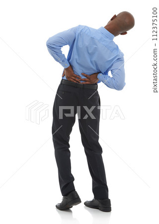 Stress, studio or African businessman with back pain injury, fatigue or burnout on white background. Posture problem, tired employee or injured worker frustrated by muscle tension, spine or crisis Stress, studio or African businessman with back pain injury, fatigue or burnout on white background. Posture problem, tired employee or injured worker frustrated by muscle tension, spine or crisis 112375100