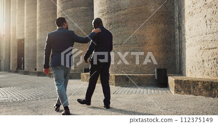 City, talking and walking with business men outdoor together on morning commute to corporate job. Collaboration, travel or conversation with mentor and employee on sidewalk or street of urban town 112375149