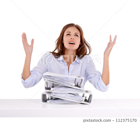 Stress, overworked and files with business woman in studio isolated on white background for frustration. Tax, why and burnout with young receptionist or secretary overwhelmed by pile of work on desk 112375170