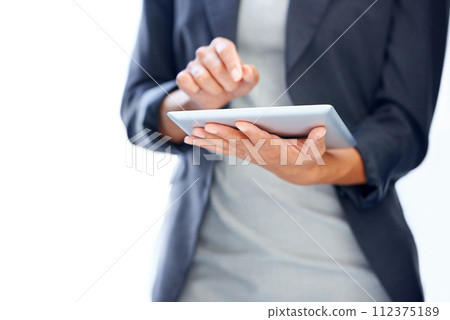 Businesswoman, hands or tablet for research on website, internet or social media in digital agency. Networking, closeup or worker typing on technology for schedule, news or online solution in office 112375189