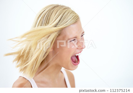 Angry, frustrated and profile of screaming woman with stress isolated on a white studio background mockup space. Face, shouting and blonde person yelling loud, depression expression or girl in crisis 112375214