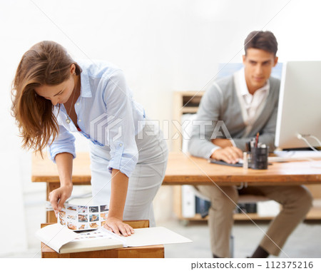 Sexual harassment, businessman looking or body of employee in office working with spying coworker. Watch, lust problem or woman with toxic predator or unprofessional male colleague or pervert peeping 112375216