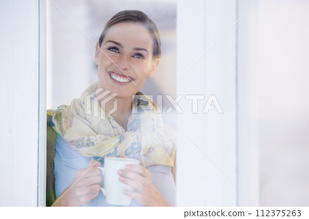 Coffee, thinking and woman in window in home with thoughtful, wondering and relax. Morning, breakfast and face of happy person by glass with mug drinking tea, caffeine and hot beverage in house Coffee, thinking and woman in window in home with thoughtful, wondering and relax. Morning, breakfast and face of happy person by glass with mug drinking tea, caffeine and hot beverage in house 112375263
