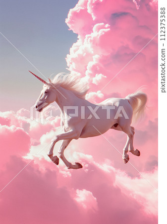 Fantasy shot of flying white unicorn, with a long white horn running in the air around pink clouds in sky atmosphere Fantasy shot of flying white unicorn, with a long white horn running in the air around pink clouds in sky atmosphere 112375388