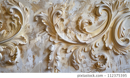 Closeup texture fragment shot of decorated ceiling with decorative golden plaster, putty with decorative lace and ornate patterns, irregularities and roughness 112375395