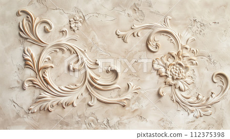 Closeup texture fragment shot of pano made from decorative golden plaster, putty with decorative lace and ornate patterns, irregularities and roughness. High quality illustration 112375398