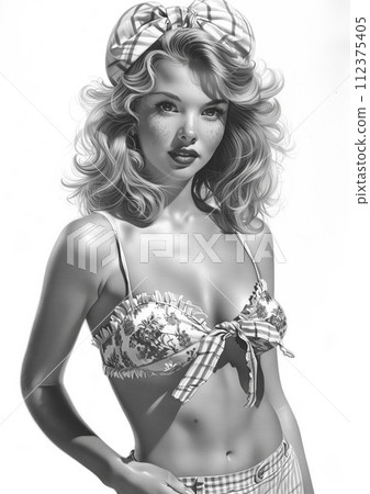 Retro 1950's pin up style girl woman grayscale portrait with long curve hair, bow on the head and swimsuit full body clip art 112375405