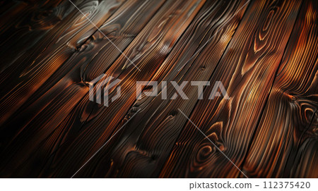 Dark old wooden floor texture closeup shot. Wooden boards of natural painted dark smoked wooden color with knots and grains in vertical 112375420