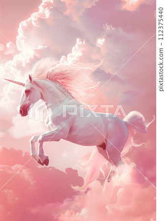 Fantasy shot of flying white unicorn, standing on its hind hooves around pink clouds in sky atmosphere 112375440