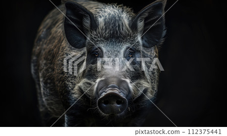 Advertising portrait, banner, big black boar walks towards the camera and looks ahead, isolated on blue background 112375441