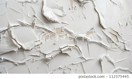 Closeup texture fragment shot of white decorative plaster, putty on the wall with irregularities and roughness 112375445