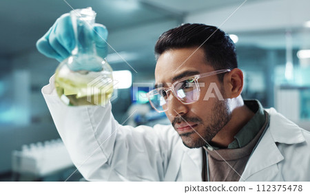 Man, scientist and shake beaker with chemical for research, experiment or test in lab. Science, serious or medical professional with glass for development of cure, biotechnology or study healthcare Man, scientist and shake beaker with chemical for research, experiment or test in lab. Science, serious or medical professional with glass for development of cure, biotechnology or study healthcare 112375478