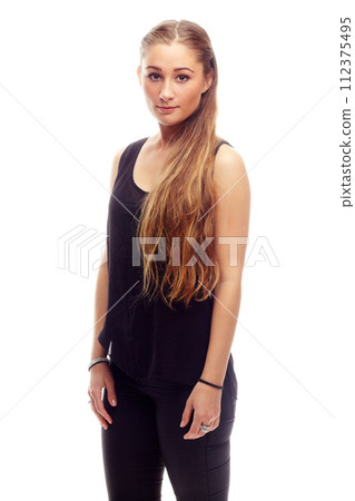 Woman, portrait and serious for fashion in studio, casual style and aesthetic on white background. Female person, confident and gen z culture on backdrop, student and designer clothes for attitude Woman, portrait and serious for fashion in studio, casual style and aesthetic on white background. Female person, confident and gen z culture on backdrop, student and designer clothes for attitude 112375495